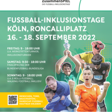 Plakat zur Ankündigung der Fußball-Inklusionstage vom 16. - 18. September in Köln, Roncalliplatz auf grünem Hintergrund mit emotionalen Spieler*innen, teilweise mit Augenbinde