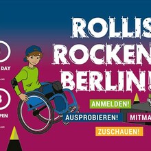 Plakat mit der Aufschrift Rollis rocken Berlin am 21. und 22. Oktober 2023 und zwei gezeichneten Rollstuhfahrer*innen, einem Jungen und einem Mädchen 