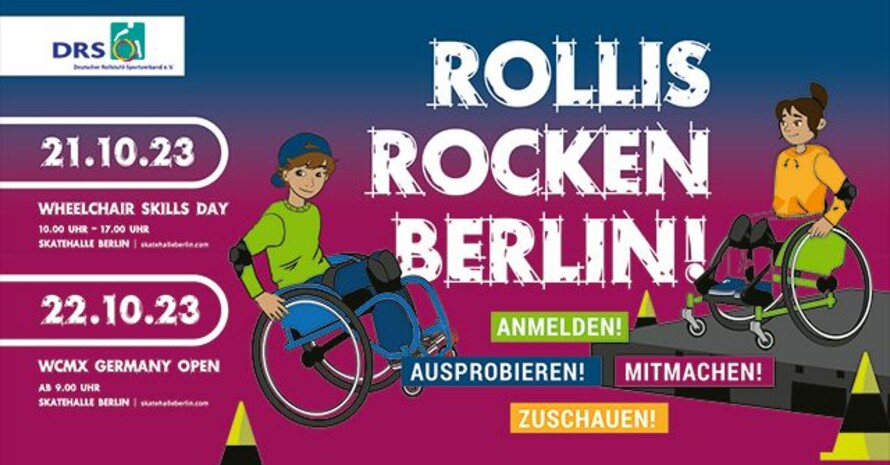 Plakat mit der Aufschrift Rollis rocken Berlin am 21. und 22. Oktober 2023 und zwei gezeichneten Rollstuhfahrer*innen, einem Jungen und einem Mädchen 