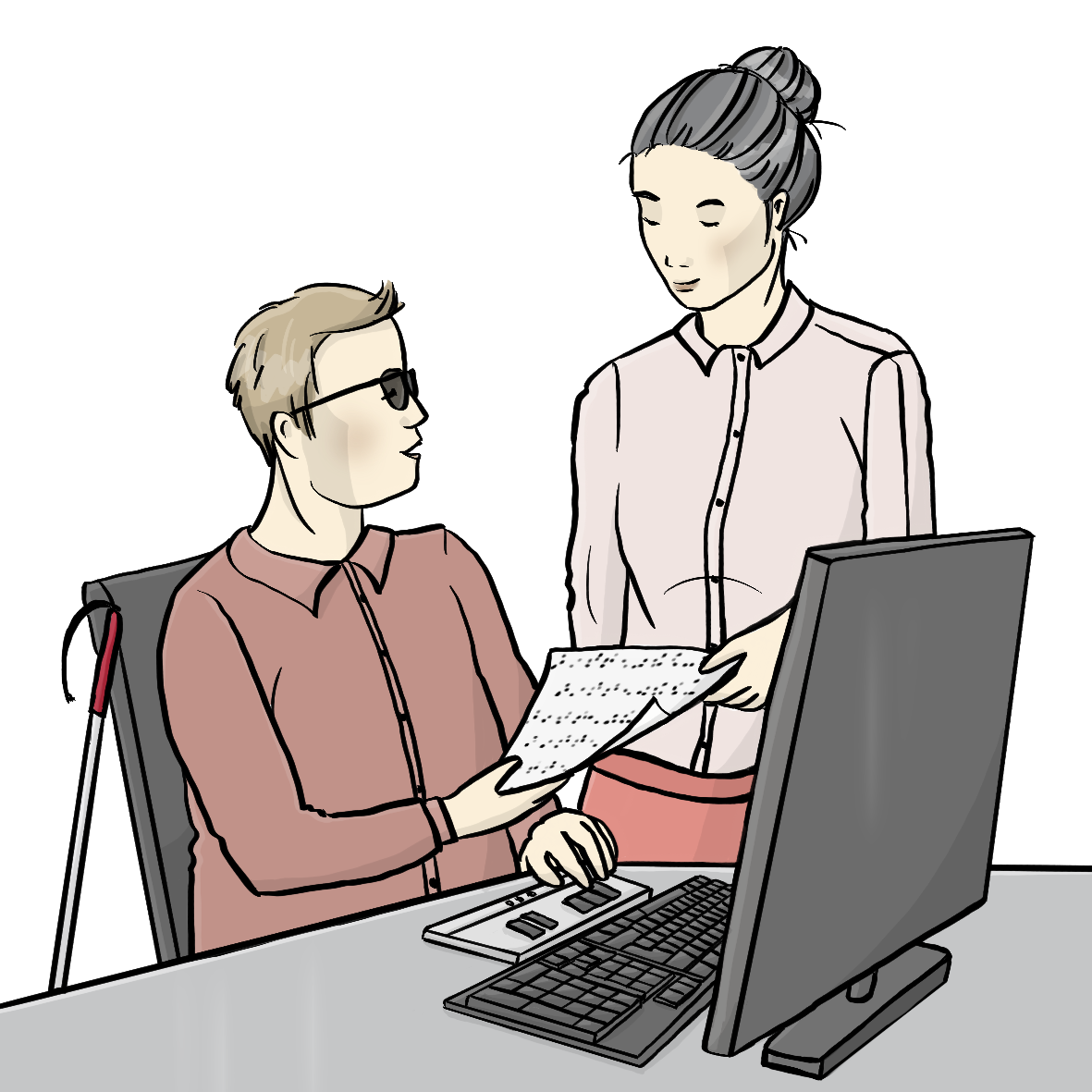 Eine Arbeitgeberin spricht mit einem blinden Kollegen über ein Dokument